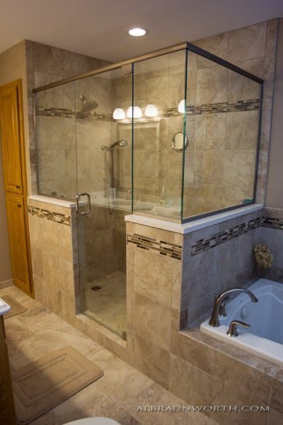 Master bath ceramic shower with glass enclosure