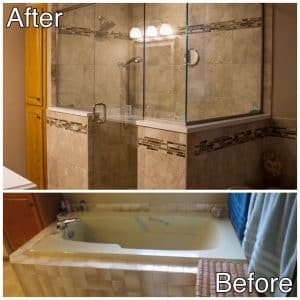 Master bath tub to shower before and after